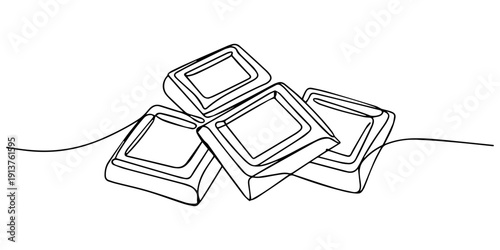 A detailed line drawing of a chocolate bar with eight individual squares, presented in an isometric view with ties on each side, Continuous one line drawing of chocolate bar. Isolated on white back.