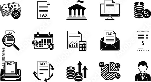 Taxation and Accounting Icon Set Featuring Government Tax Documents, Financial Percentage Calculations, Money Growth, Auditing Magnifying Glass, Revenue Calendar, and Receipts