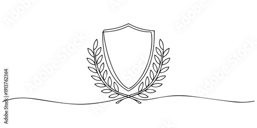shield with laurel wreath continuous one line drawing, Simple outline icon of a laurel wreath with shield and minimalist pro vector concept style.