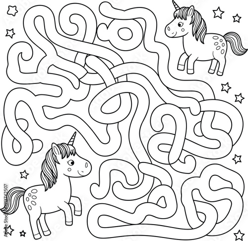 Unicorn maze puzzle for kids activity, logic game with cute magical horse stars line vector art