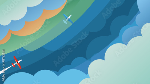 Multiple airplanes flying in the sky with clouds and blue background vector illustration of air travel concept