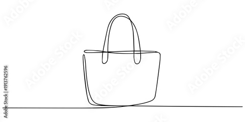 tote bag continuous one line drawing, Women bag continuous one line art. Simple outline graphic element, Hobo style purse icon, Continuous line drawing of tote bag, object one line, single line art.