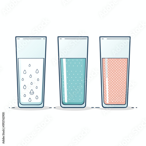 Three glasses with different liquids and patterns are displayed on a clean surface viewed from a straight-on perspective.