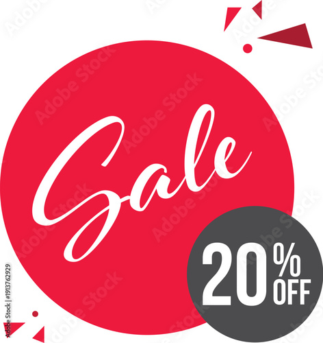 Red circle with white cursive sale text and gray 20 percent off circle