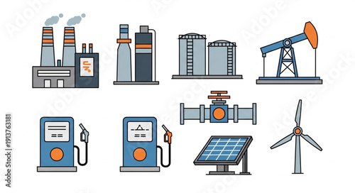 Industrial energy production and distribution icons set.