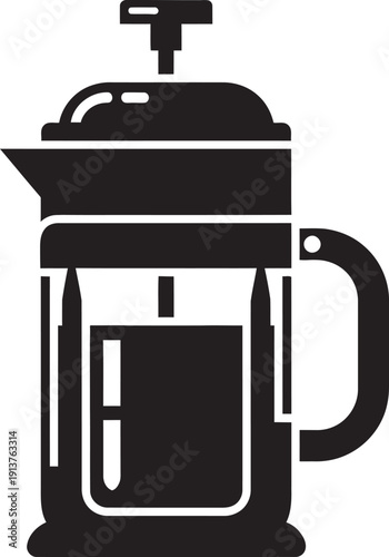 Close-up of a modern stainless steel French press coffee maker used for brewing hot espresso or filter coffee at home.