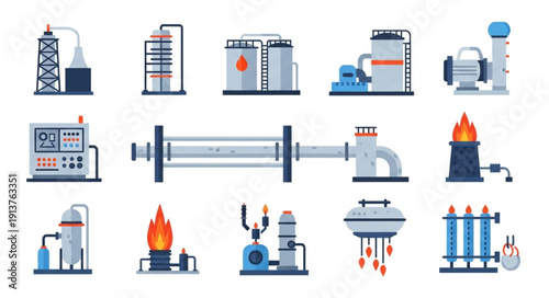 Industrial equipment and machinery icons for manufacturing and production.