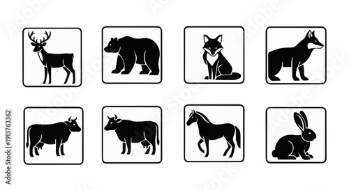 A set of eight animal silhouettes enclosed in rounded squares. Includes forest wildlife like deer, bear, fox, and wolf, plus farm animals like cows, horses, and rabbits.