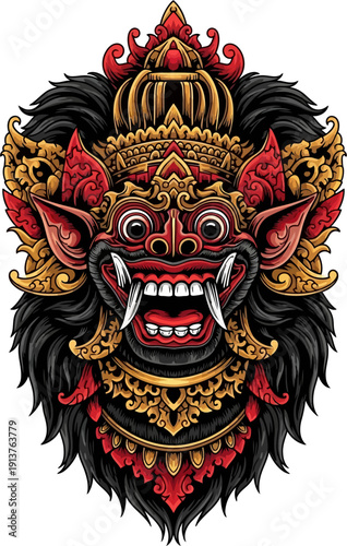 A highly detailed digital illustration of a Balinese mythological creature mask, resembling a Barong