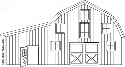 Wooden barn farm building with open door, agriculture storage shed rural countryside architecture outbuilding simple line art vector illustration