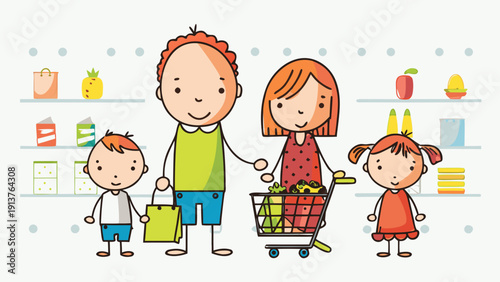 Family shopping together at a supermarket with cart and bags