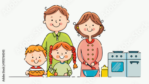 Happy family cooking together in kitchen with oven and stove smiling parents and kids baking food