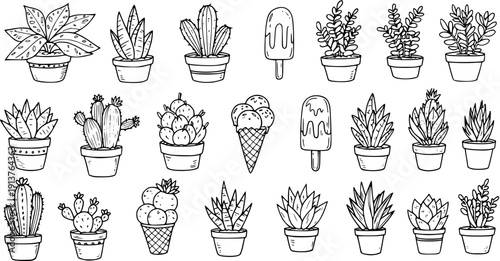 Doodle Set with Potted Plants, Cacti, Succulents and Ice Cream, Hand Drawn Black and White Illustration