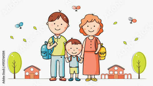Happy family attending school event with children and parents smiling together outdoors