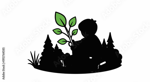 Child silhouetted, planting a seedling amidst trees and grass