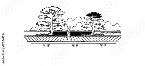 Child walks on a boardwalk through a marsh with cypress trees and clouds