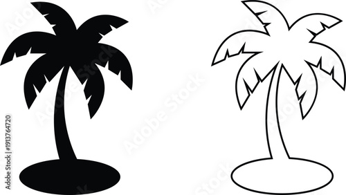 Palm tree vector set collection group with tropical coconut tree silhouette and outline icons, summer beach nature symbol isolated on transparent background, editable minimalist design