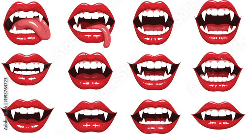 Vampire mouth with fangs, red lips, spooky teeth, halloween vector, gothic smile, bloody tongue, horror dental art, demonic grin.