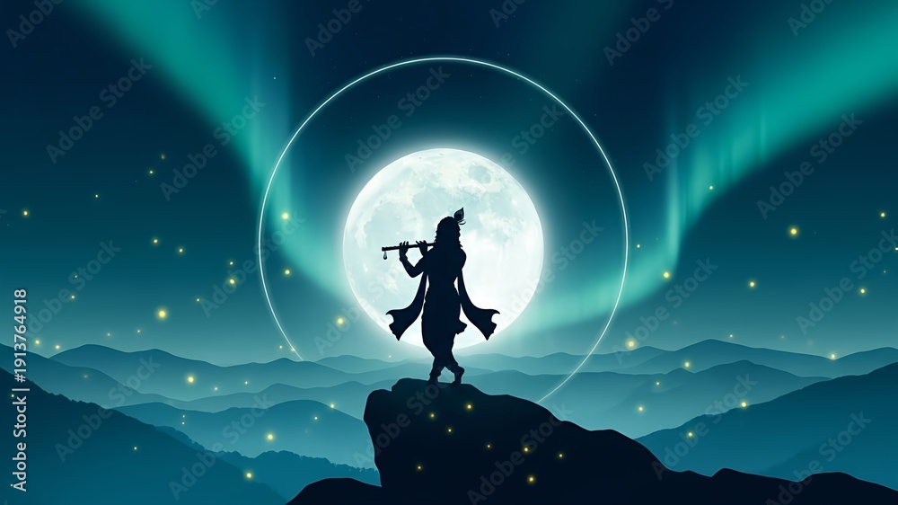 Fototapeta premium Silhouette of Lord Krishna Playing Flute on Mountain Under Full Moon, Spiritual Hindu Mythology Illustration for Meditation, Devotion, Faith, Indian Culture and Sacred Serenity