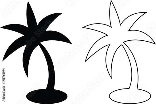 Palm tree vector set collection group with tropical coconut tree silhouette and outline icons, summer beach nature symbol isolated on transparent background, editable minimalist design