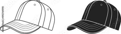 Blank baseball cap mockup set, apparel headwear accessory template simple line art and solid black silhouette vector illustration