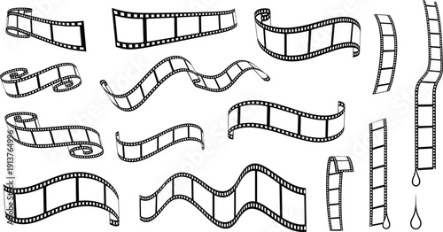 Vector film strip frames collection, cinema movie negative rolls, analog photography tape, celluloid ribbons on white background, cinematic border.
