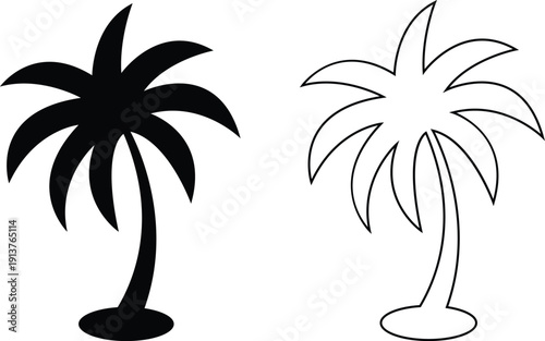 Palm tree vector set collection group with tropical coconut tree silhouette and outline icons, summer beach nature symbol isolated on transparent background, editable minimalist design