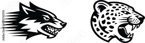 Wolf and leopard head mascot set, wild animal predator forest wildlife safari power strength speed athlete sport vector illustration