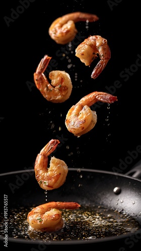 Shrimp frying in a pan against black background