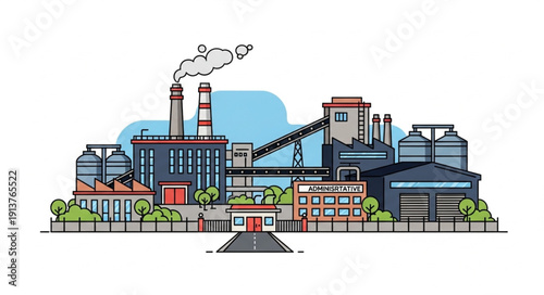 Industrial Factory Building with Smokestacks and Silos.
