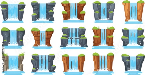 Vector flat cartoon waterfall collection, different mountain river cascades, nature landscape water flow, tropical jungle canyon cliffs, outdoor stream.