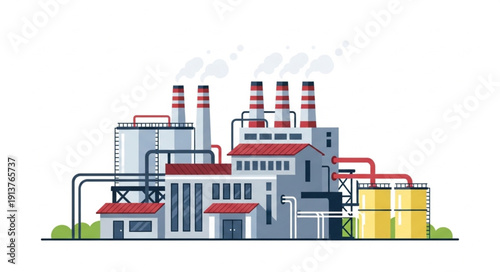 Industrial Factory Building With Smoking Chimneys And Storage Tanks.