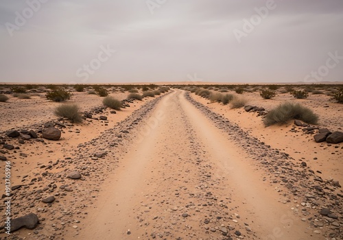 Straight path into desert landscape under an overcast sky on a cloudy day