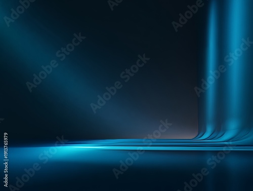 Modern blue neon light installation in dark room with glowing curves