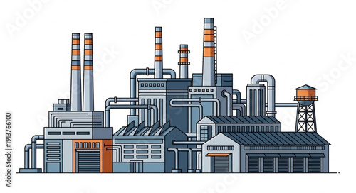 Industrial Factory Building Complex with Smokestacks and Pipes.