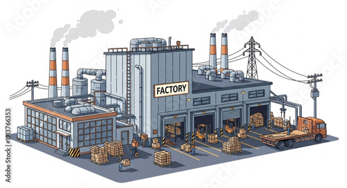 Industrial Factory Building with Smoke Emitting from Chimneys.
