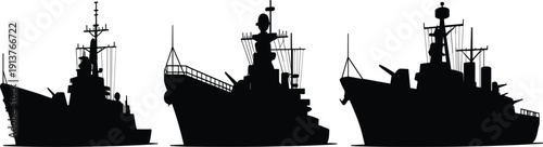 Military navy warship, destroyer and frigate ship silhouette set for marine design