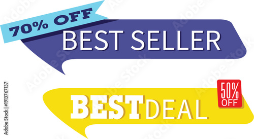 Colorful sale tags with seller and deal labels and discount percentages