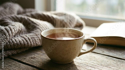 Steam rising from hot tea in ceramic cup on wooden table with knit blanket and open book by window warm cozy morning light