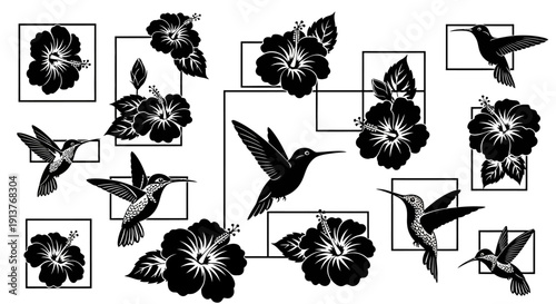 Black and white hummingbirds flying around hibiscus flowers with geometric shapes