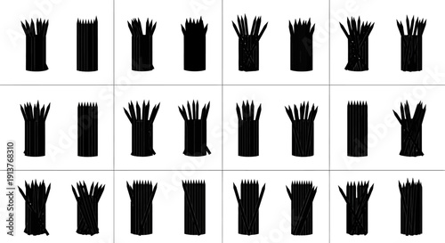 Collection of black whisk sets in various positions on white background for cooking and baking
