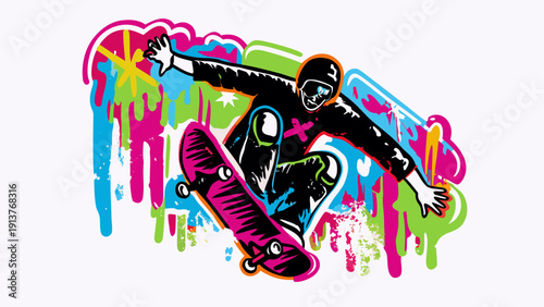 Skateboarder performs aerial trick with vibrant graffiti background in colorful urban art style
