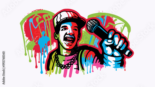Vibrant graffiti illustration of a rapper with a microphone in a colorful urban setting with dynamic paint splatters