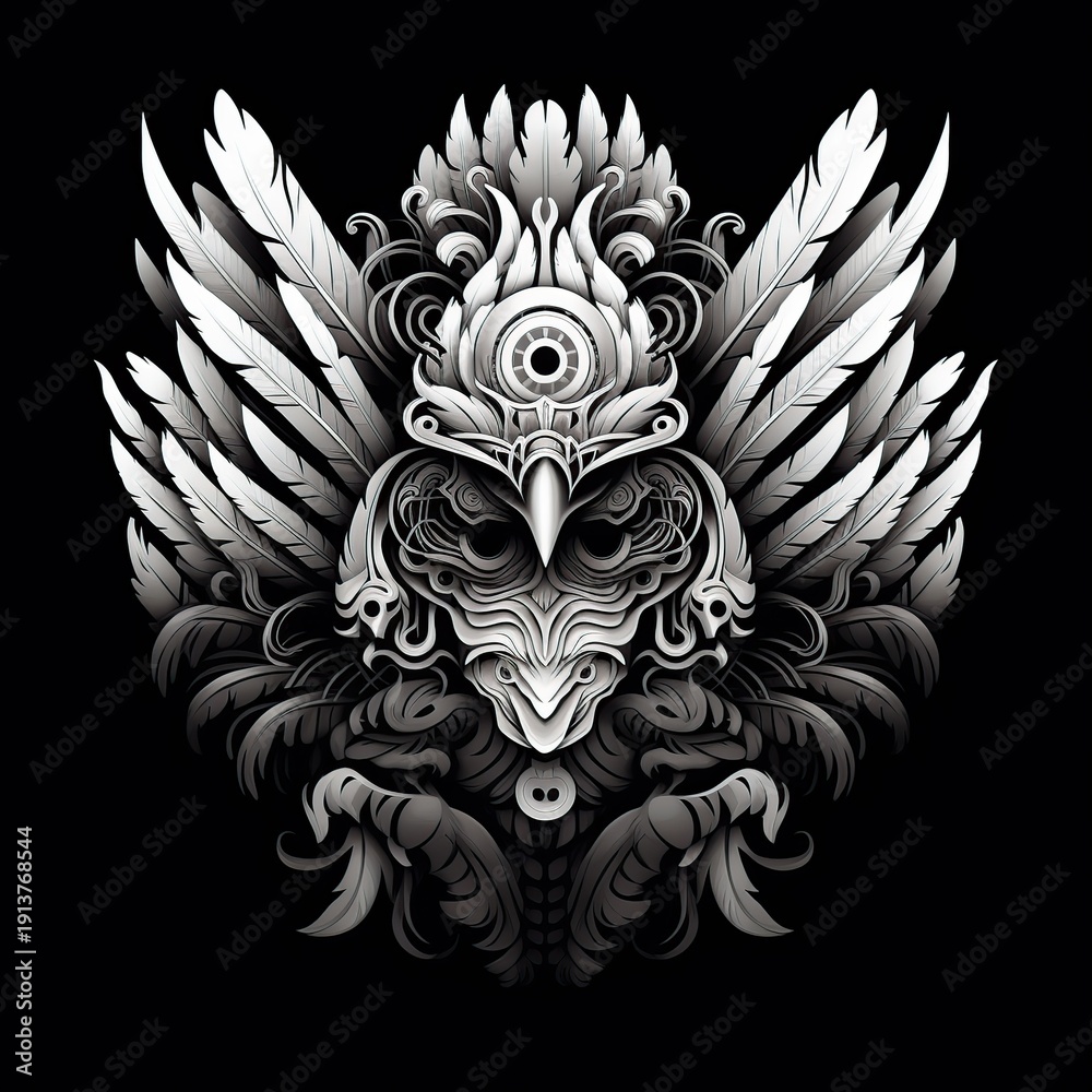 Fototapeta premium Intricate Black and White Skull with Ornate Wings and Gothic Ornamentation