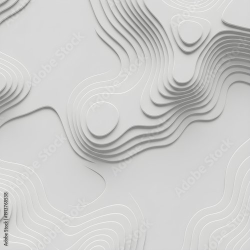 Abstract 3D topographic map background with layered white contour lines, a minimalist and clean terrain relief illustration for technology or business concepts.