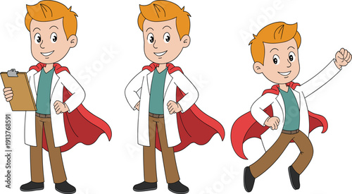 Cute cartoon boy doctor character wearing red hero cape, set of diverse medical professional mascot poses vector illustration
