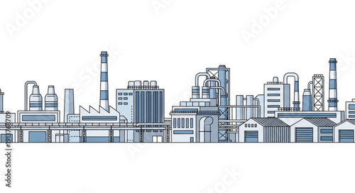 Industrial factory complex with multiple buildings and chimneys.