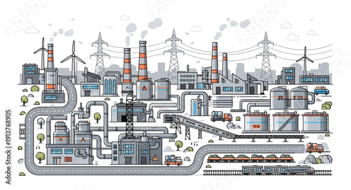 Industrial factory complex with multiple buildings and pipelines.