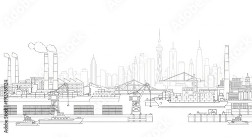 Industrial factory buildings and city skyline sketch.
