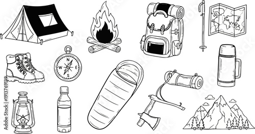 Collection of outdoor adventure and camping equipment illustrations